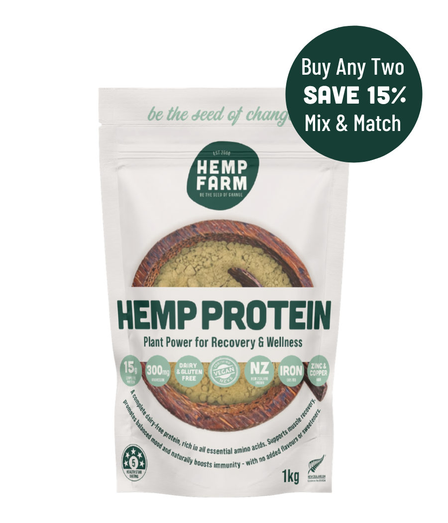 A 1kg stand-up pouch of Hemp Farm Hemp Protein on a white background, featuring a dark green circular 'Buy Any Two SAVE 15% Mix & Match' badge in the top right corner.