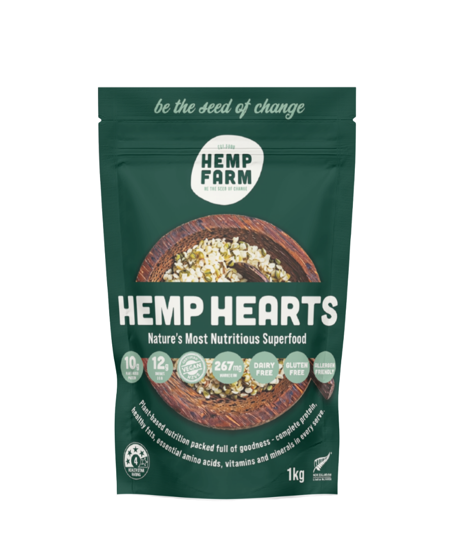 A 1kg stand-up pouch of Hemp Farm Hemp Hearts superfood on a plain white background. The packaging is dark green with white and light green text, featuring a central photo of the hemp hearts product.