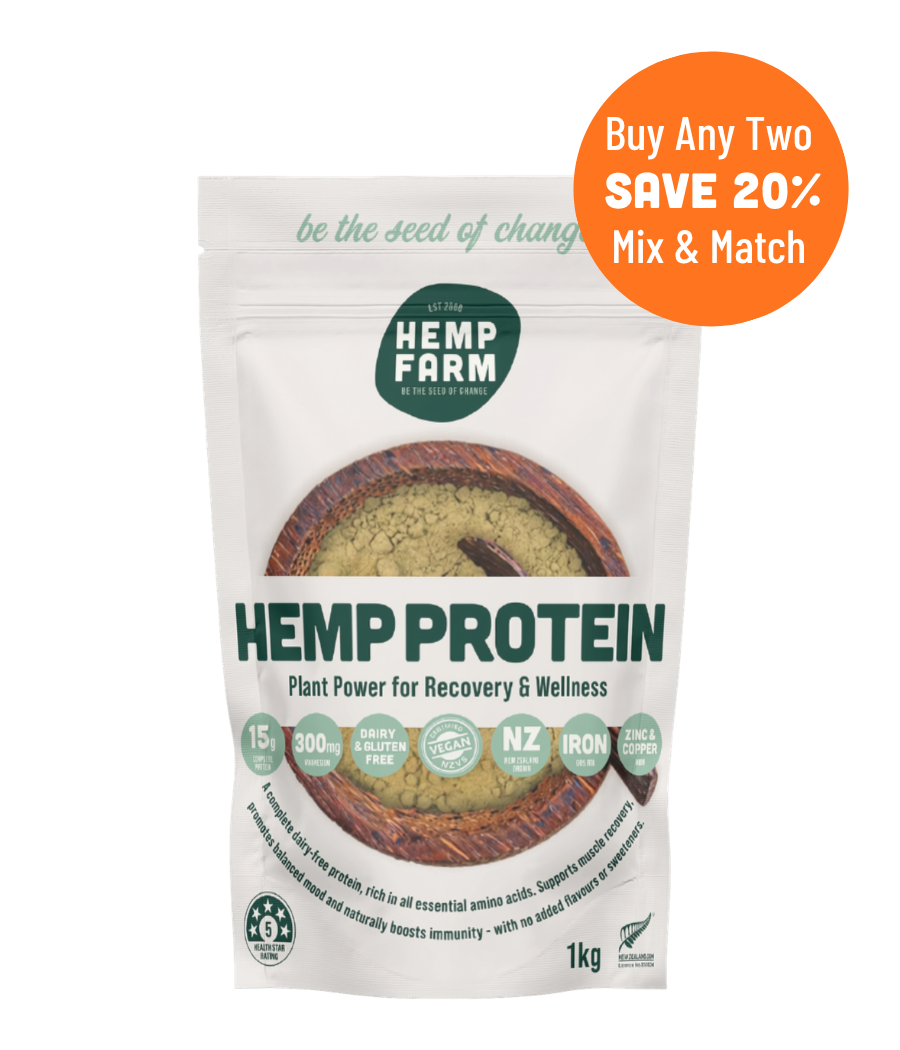 A 1kg stand-up pouch of Hemp Farm Hemp Protein on a white background, featuring a large circular window showing the green protein powder inside. An orange promotional badge in the top right corner reads 'Buy Any Two SAVE 20% Mix & Match'.